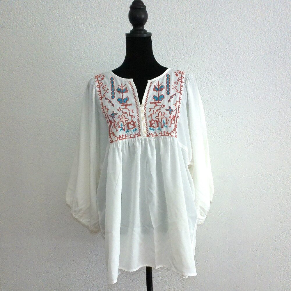 Rendezvous, White long sleeve shirt, with cross stitch embroidery details,